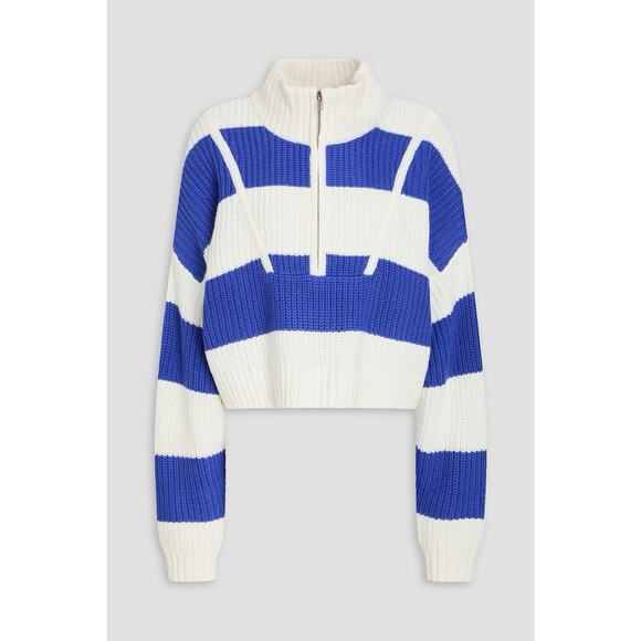 Staud Sweaters - STAUDE Blue White Striped Quarter Zip Ribbed Cotton Blend Sweater Oversized M